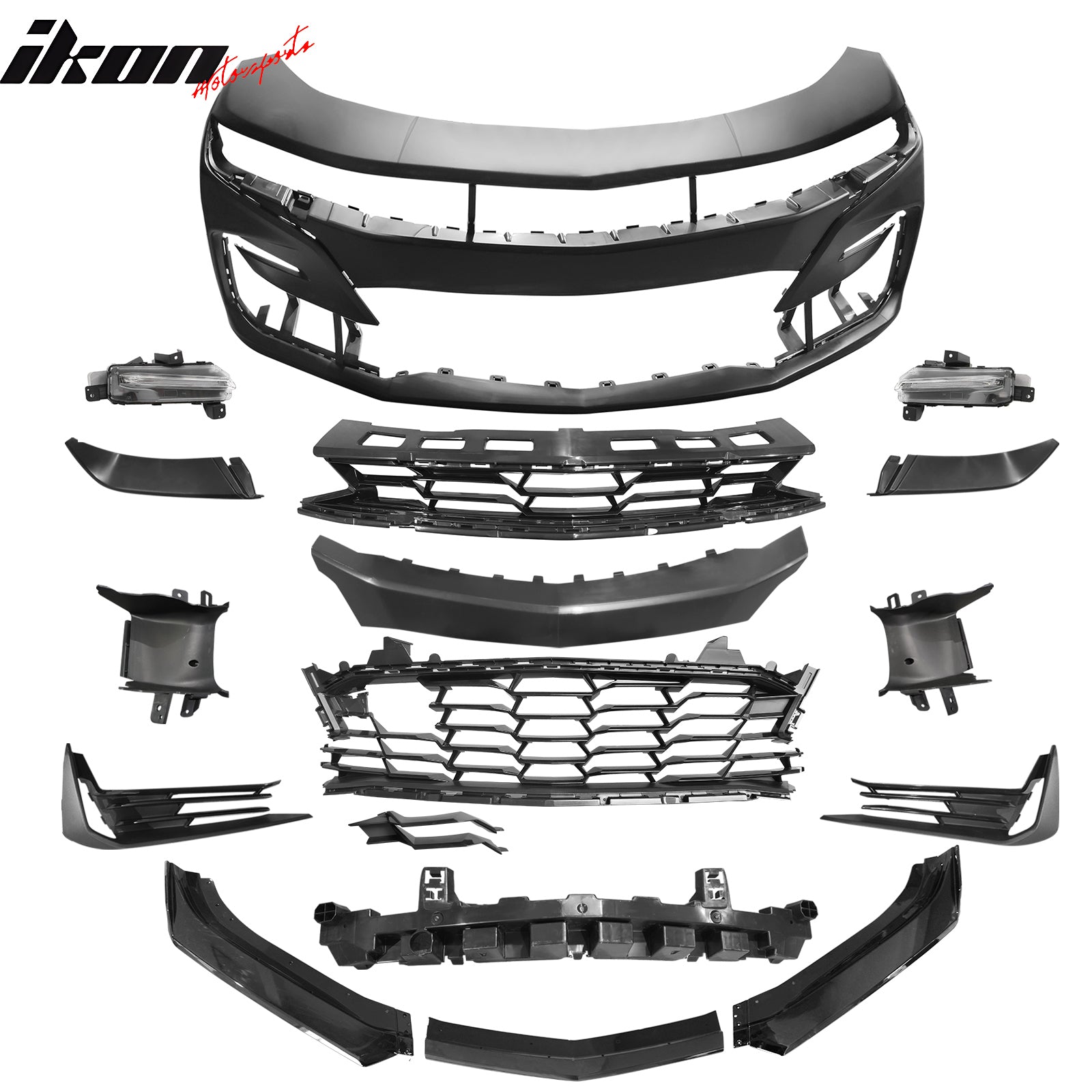 IKON MOTORSPORTS Front Bumper Cover, Compatible with 2019-2024 Camaro LS LT LT1, 19 SS Style Unpainted PP Replacement Bumper Conversion + Gloss Black Lip W/ Daytime Running Light DRL Foglights