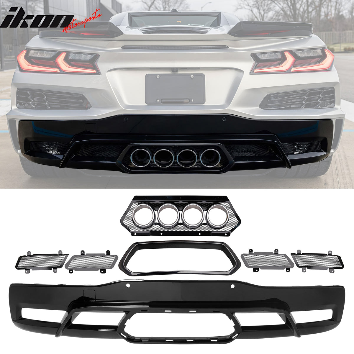 For 20-25 Chevy Corvette C8 Rear Bumper Cover + Silver Quad Exhaust Tip + Grille