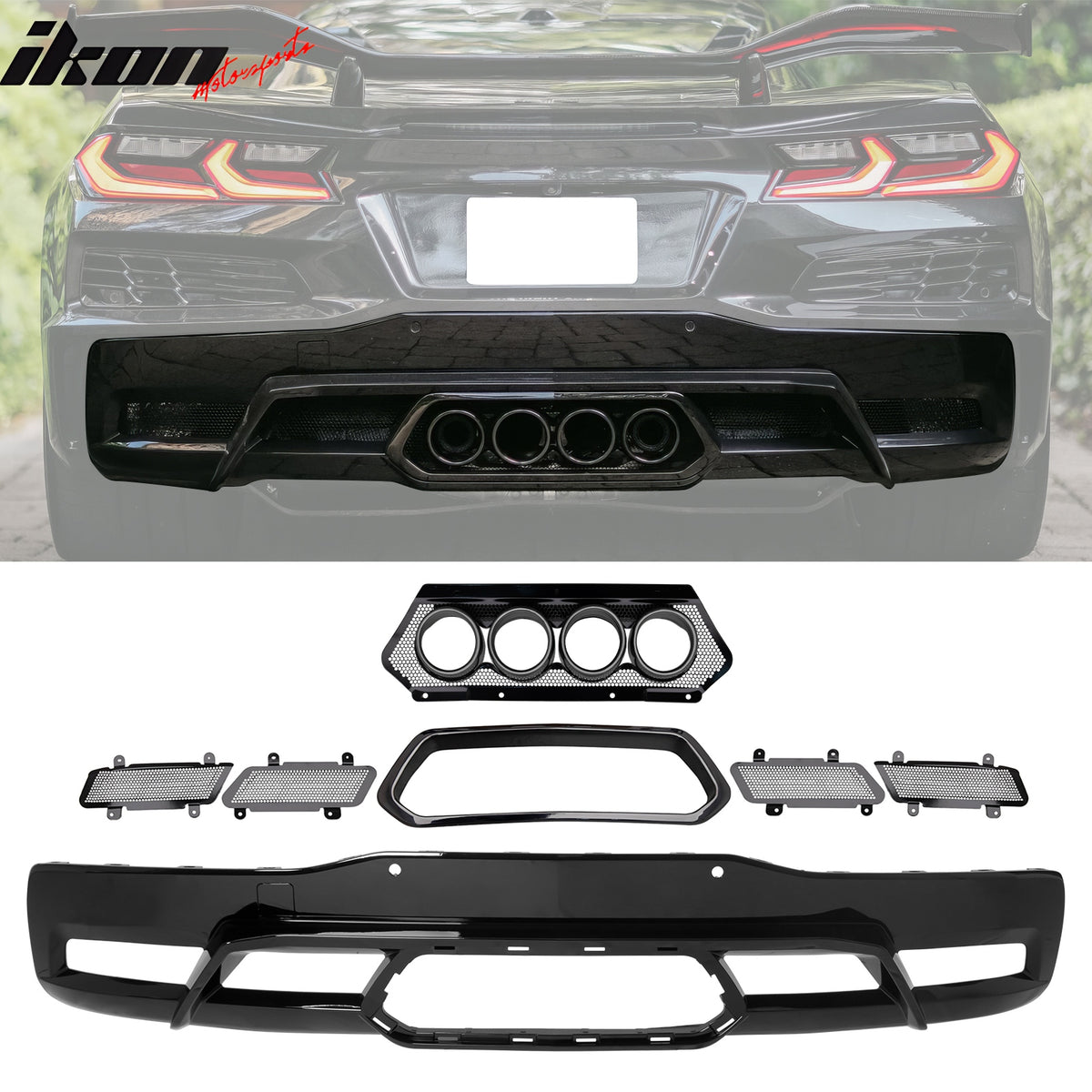 For 20-25 Chevy Corvette C8 Rear Bumper Diffuser Black Quad Exhaust Muffler Kit