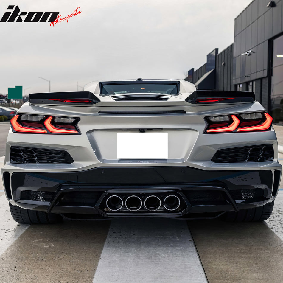 IKON MOTORSPORTS Rear Diffuser Lip + Silver Quad Exhaust Tips W/ Muffler Pipe, Compatible with 2020-2025 Chevy Corvette C8, OE Style Pearl Black PP Rear Bumper Lip Iron Mesh Grille + Exhaust Bezel