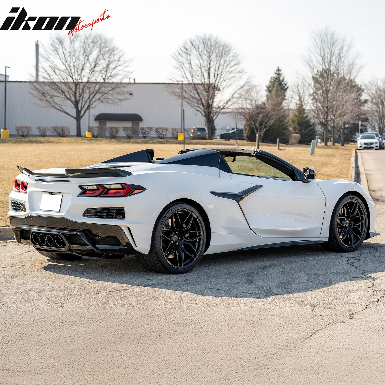 IKON MOTORSPORTS Rear Diffuser Lip + Black Quad Exhaust Tips W/ Muffler Pipe, Compatible with 2020-2025 Chevy Corvette C8, OE Style Pearl Black PP Rear Bumper Lip Iron Mesh Grille + Exhaust Bezel