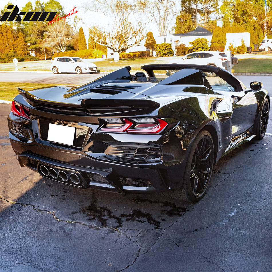 IKON MOTORSPORTS Rear Bumper Covers W/ Grilles, Compatible with 2020-2025 Chevrolet Corvette C8 Stingray & Z51 Models, OE Style Unpainted Black PP Bumper Rear Diffuser Lip + Silver Quad Exhaust Tips