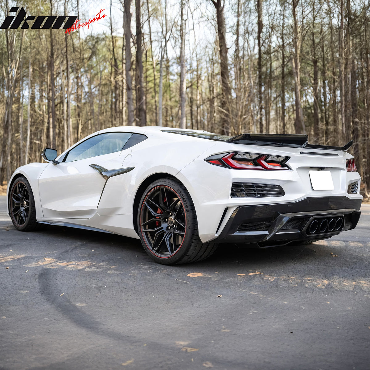 IKON MOTORSPORTS Rear Bumper Covers W/ Grilles, Compatible with 2020-2025 Chevrolet Corvette C8 Stingray Z51 Models, OE Style Unpainted Black PP Bumper Rear Diffuser Lip + Black Quad Exhaust Tips
