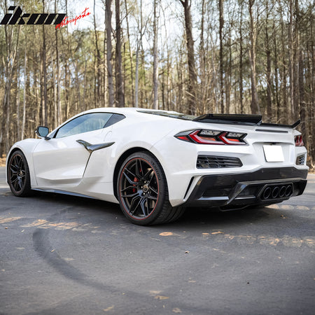 IKON MOTORSPORTS Rear Bumper Covers W/ Grilles, Compatible with 2020-2025 Chevrolet Corvette C8 Stingray Z51 Models, OE Style Unpainted Black PP Bumper Rear Diffuser Lip + Black Quad Exhaust Tips