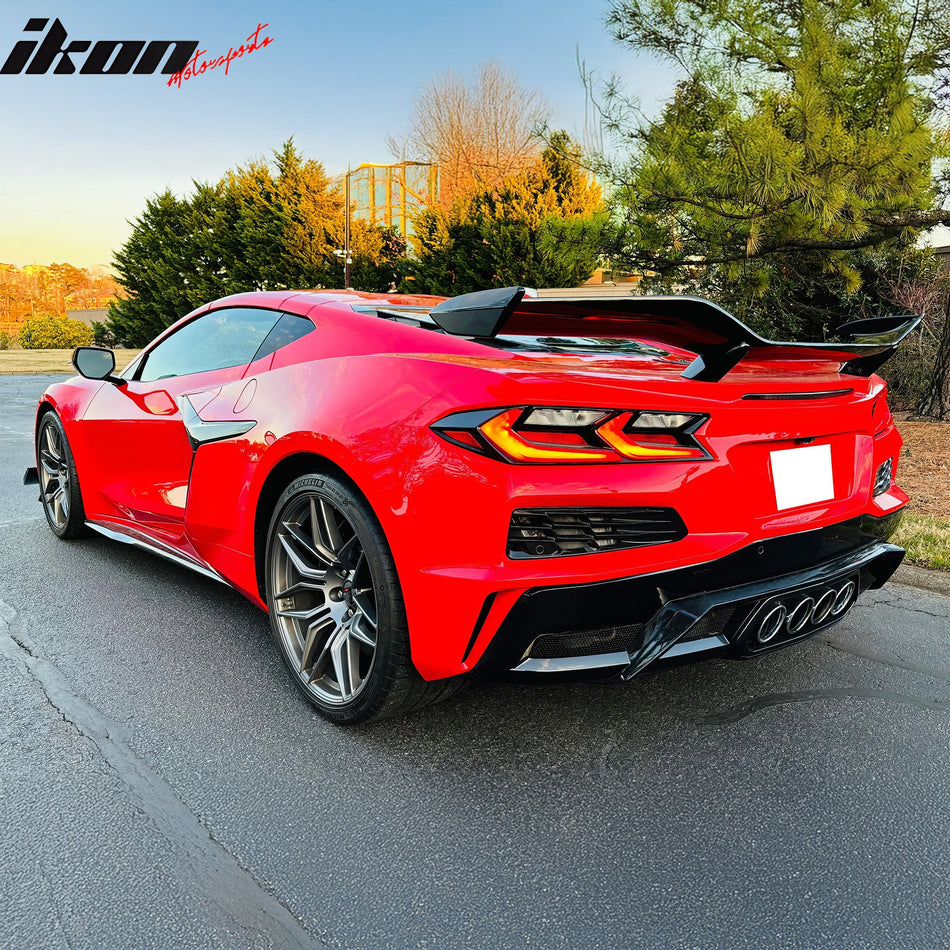 IKON MOTORSPORTS Rear Bumper Covers W/ Pearl Black Aluminum Trunk Spoiler, Compatible with 2020-2025 Chevy Corvette C8 Stingray & Z51, OE Style PP Bumper Rear Diffuser Lip + Silver Quad Exhaust Tips