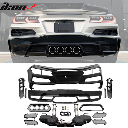 Fits 20-25 Corvette C8 Rear Bumper Silver Quad Exhaust Muffler + Trunk Spoiler