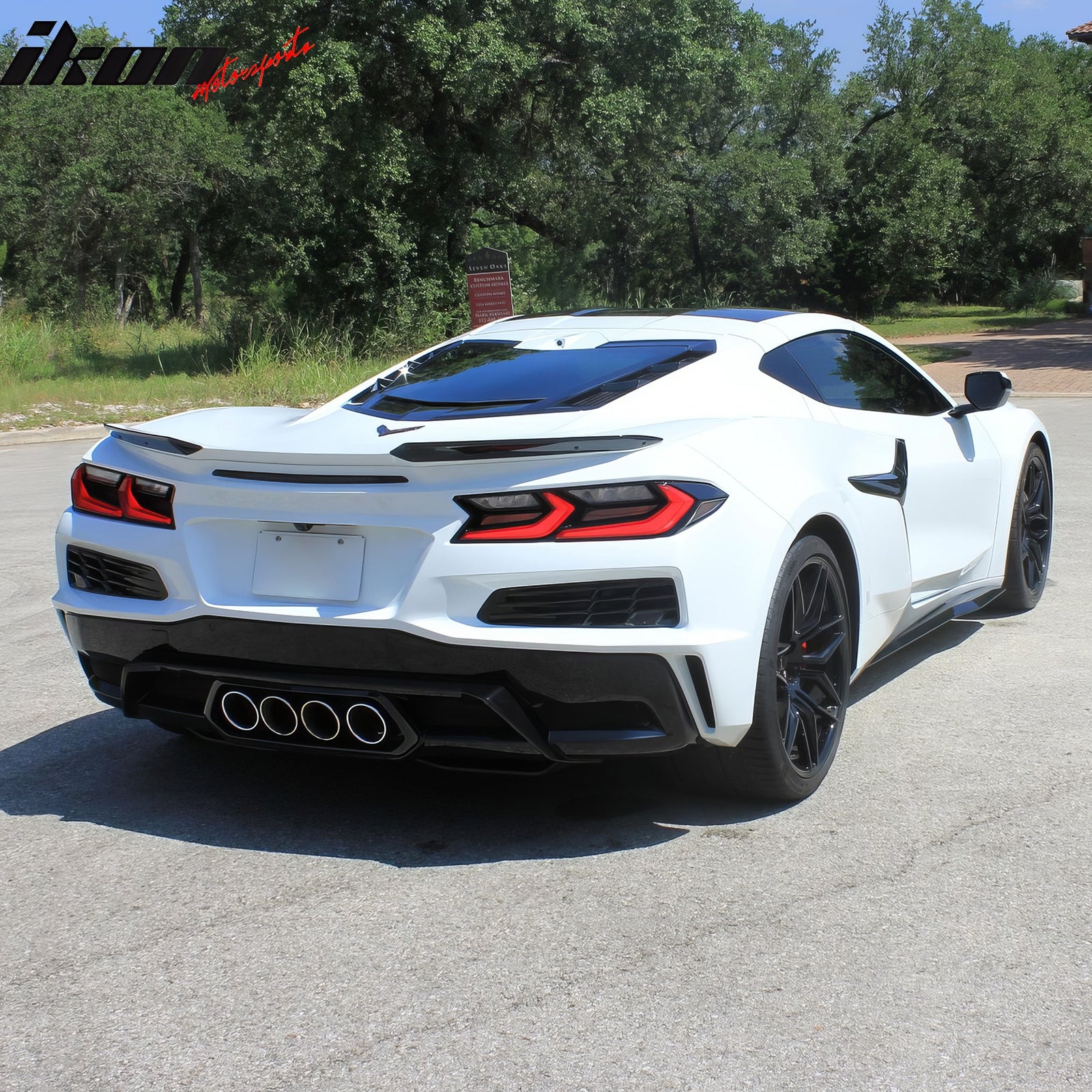 IKON MOTORSPORTS Rear Bumper Diffuser + Silver Quad Exhaust Tips W/ Muffler Pipe, Compatible with 2020-2025 Chevy Corvette C8, OE Style Pearl Black PP Rear Bumper Lip Iron Mesh Grille + Exhaust Bezel