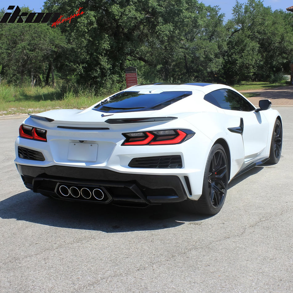 IKON MOTORSPORTS Rear Bumper Diffuser + Silver Quad Exhaust Tips W/ Muffler Pipe, Compatible with 2020-2025 Chevy Corvette C8, OE Style Pearl Black PP Rear Bumper Lip Iron Mesh Grille + Exhaust Bezel