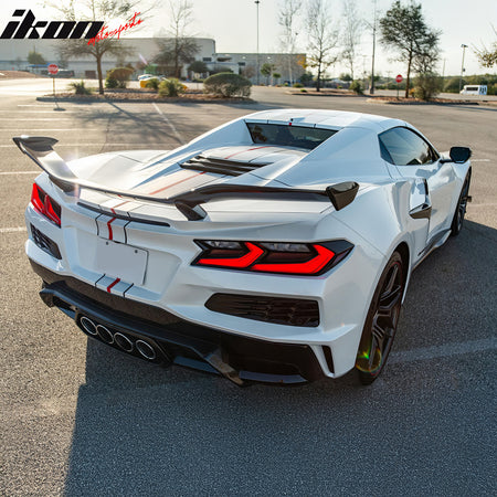 IKON MOTORSPORTS Rear Bumper Diffuser + Silver Quad Exhaust Tips W/ Aluminum Spoiler, Compatible with 2020-2025 Chevy Corvette C8, OE Style Pearl Black PP Rear Lip Iron Mesh Grille + Exhaust Bezel