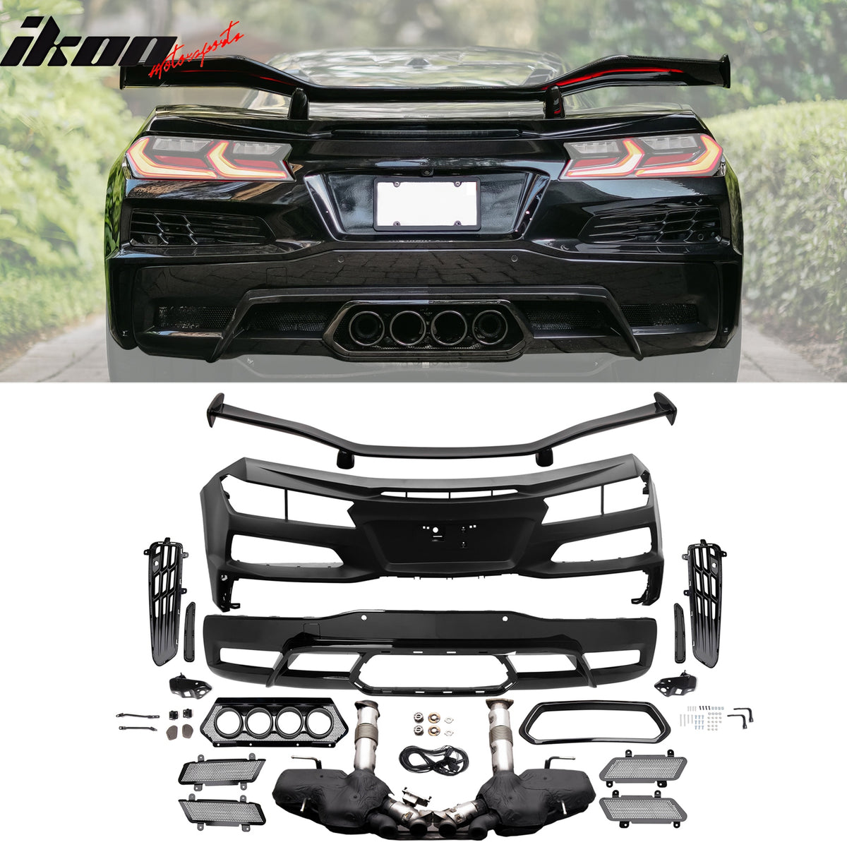 Fits 20-25 Corvette Front Rear Bumper Black Quad Exhaust Muffler Trunk Spoiler