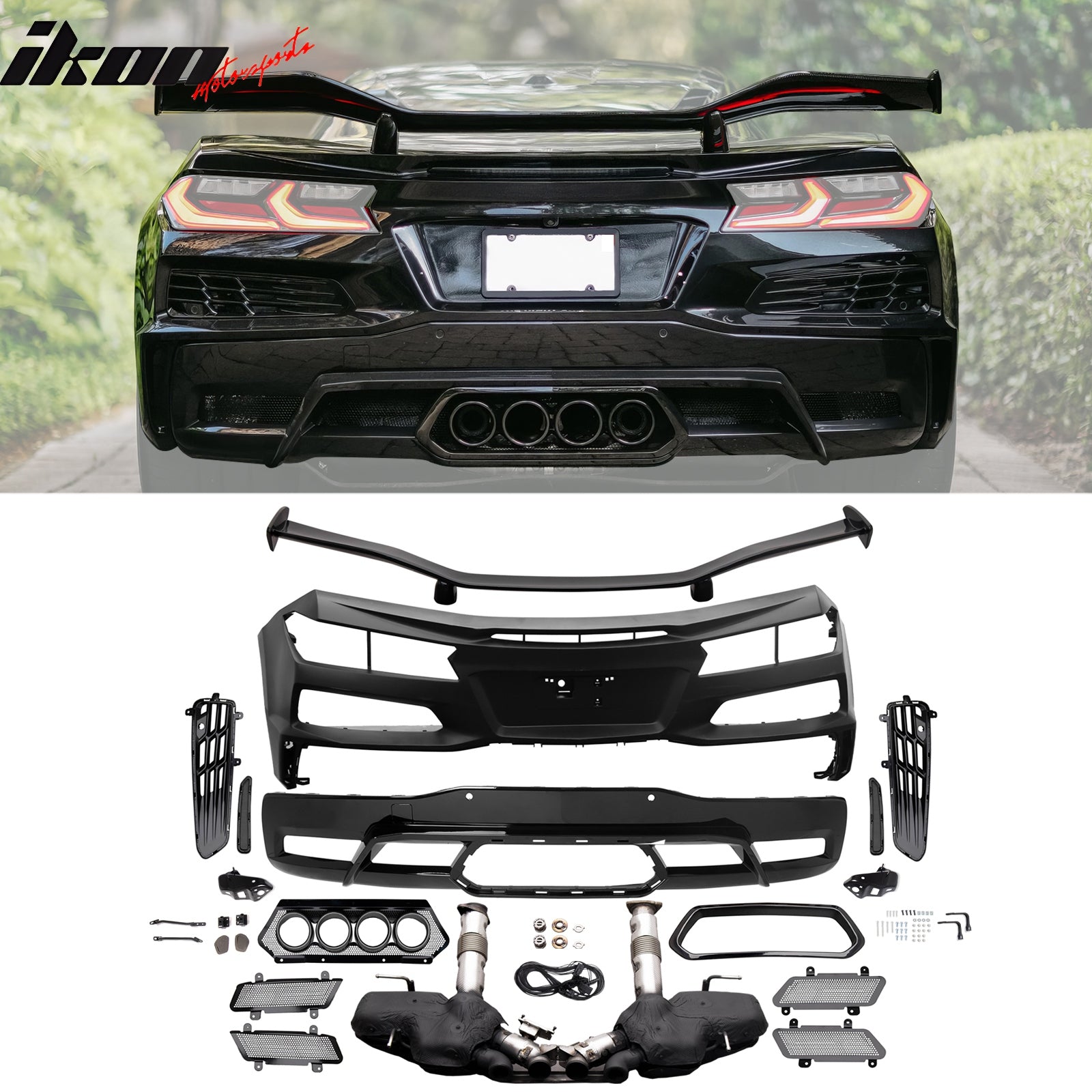 Fits 20-25 Corvette Front Rear Bumper Black Quad Exhaust Muffler Trunk Spoiler