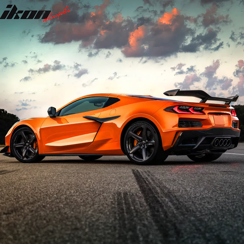 IKON MOTORSPORTS Rear Bumper Diffuser + Black Quad Exhaust Tips W/ Trunk Spoiler, Compatible with 2020-2025 Chevy Corvette C8, OE Style Pearl Black PP Rear Bumper Lip Iron Mesh Grille + Exhaust Bezel