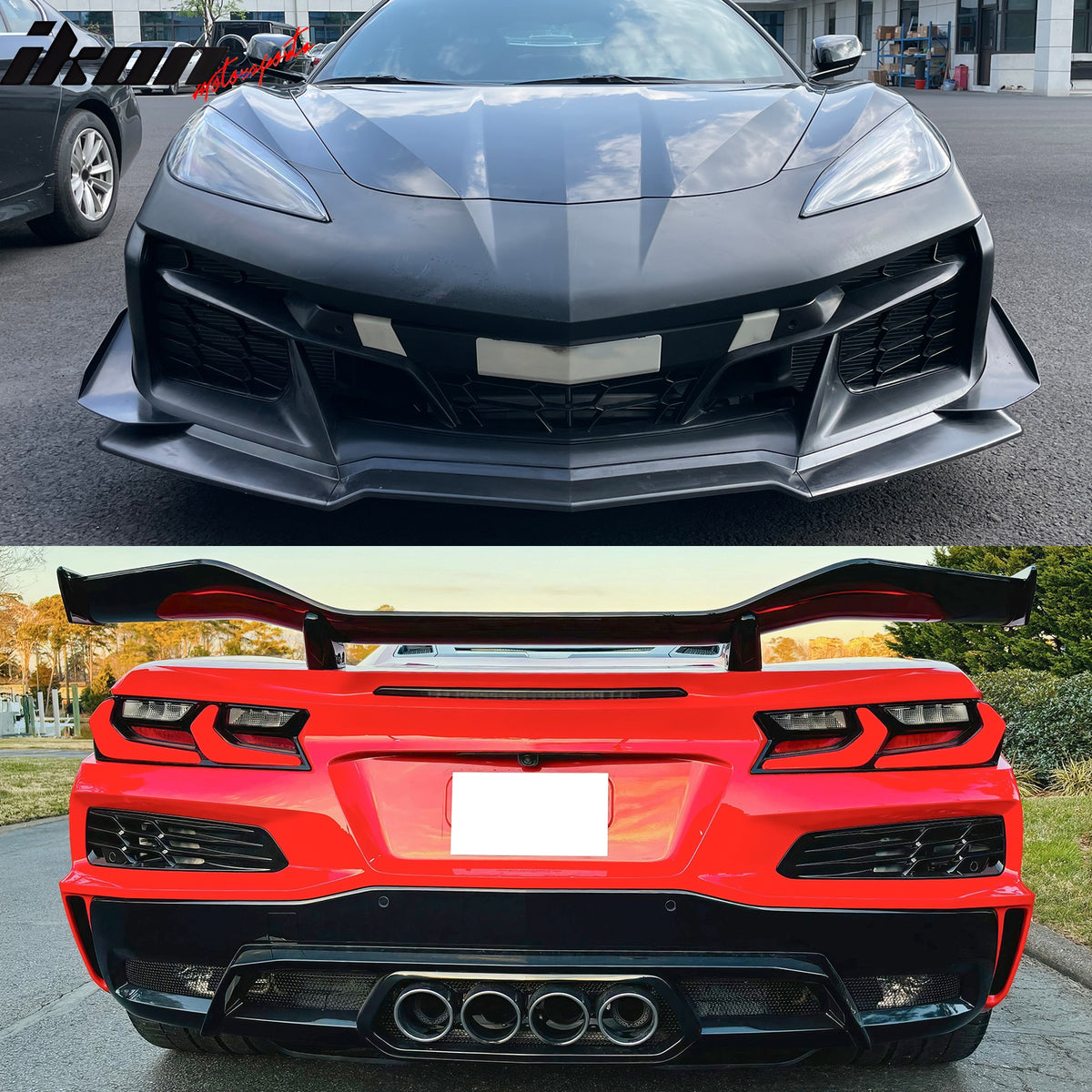 IKON MOTORSPORTS Front Rear Bumpers + Silver Quad Exhaust Tips W/ Trunk Spoiler, Compatible with 2020-2025 Chevy Corvette C8, Z06 Z07 Style Pearl Black PP Rear Lip Iron Mesh Grille + Exhaust Bezel