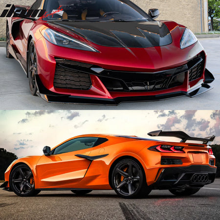 IKON MOTORSPORTS Front Rear Bumpers + Black Quad Exhaust Tips W/ Trunk Spoiler, Compatible with 2020-2025 Chevy Corvette C8, Z06 Z07 Style Pearl Black PP Rear Lip Iron Mesh Grille + Exhaust Bezel