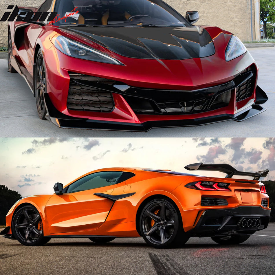 IKON MOTORSPORTS Front Rear Bumpers + Black Quad Exhaust Tips W/ Trunk Spoiler, Compatible with 2020-2025 Chevy Corvette C8, Z06 Z07 Style Pearl Black PP Rear Lip Iron Mesh Grille + Exhaust Bezel