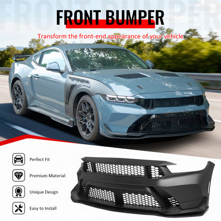 IKON MOTORSPORTS Front Bumper Covers, Compatible with 2024-2026 Ford Mustang Dark Horse/EcoBoost/GT, GTD Style Unpainted Black PP Replacement Bumper Conversion Bodykit with Matte Black Lip and Canards