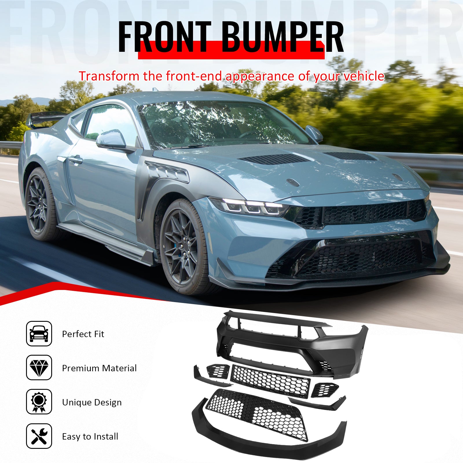 IKON MOTORSPORTS Front Bumper Covers, Compatible with 2024-2026 Ford Mustang Dark Horse/EcoBoost/GT, GTD Style Unpainted Black PP Replacement Bumper Conversion Bodykit with Gloss Black Lip and Canards