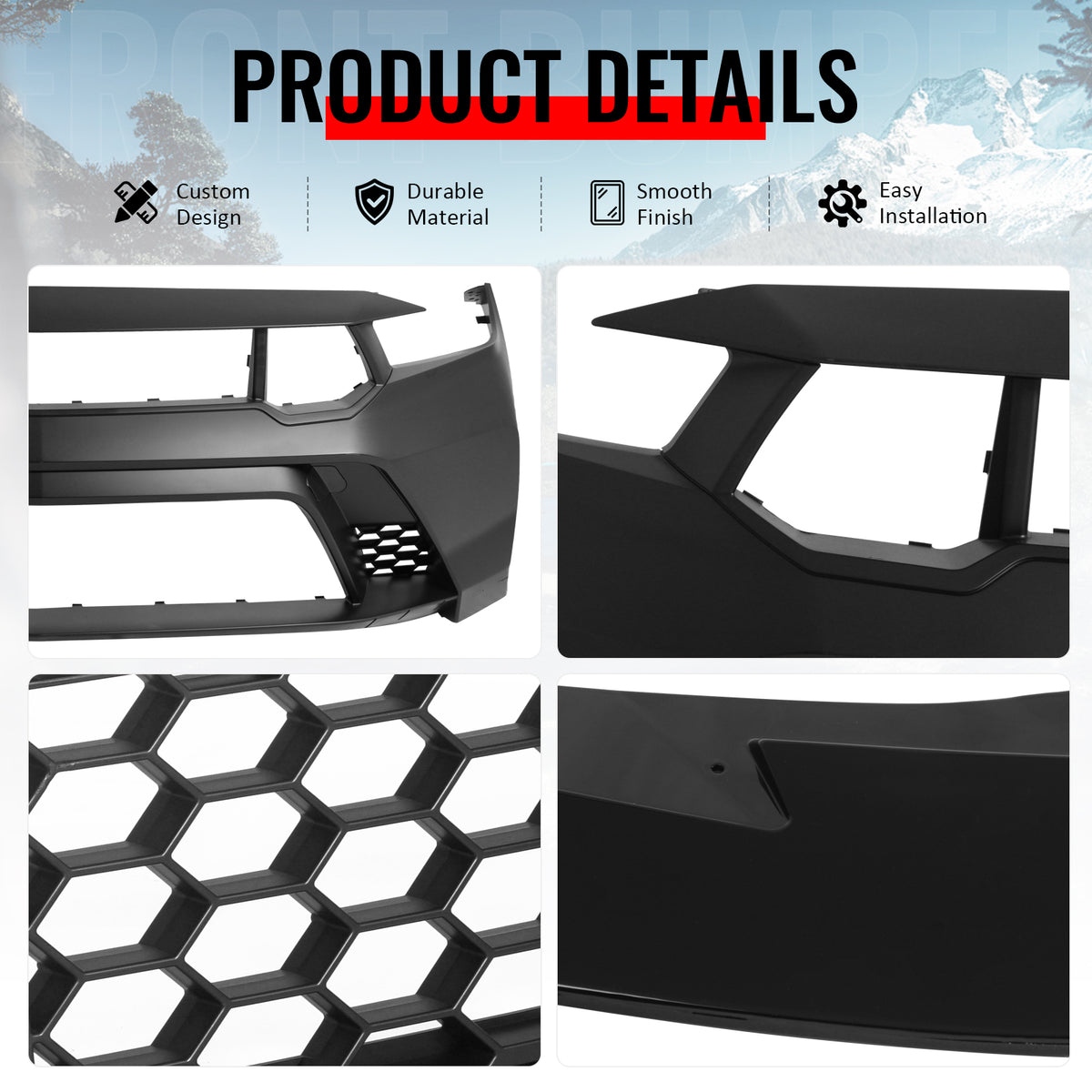 Fits 24-26 Ford Mustang Front Bumper Cover GTD Style Conversion Gloss Black Lip