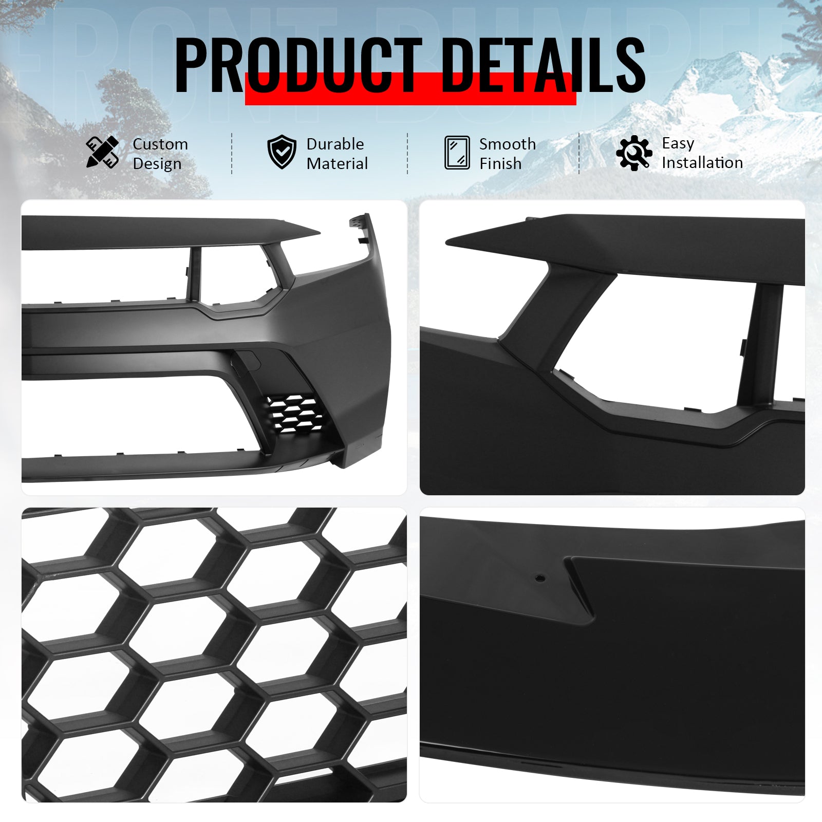 Fits 24-26 Ford Mustang Front Bumper Cover GTD Style Conversion Gloss Black Lip