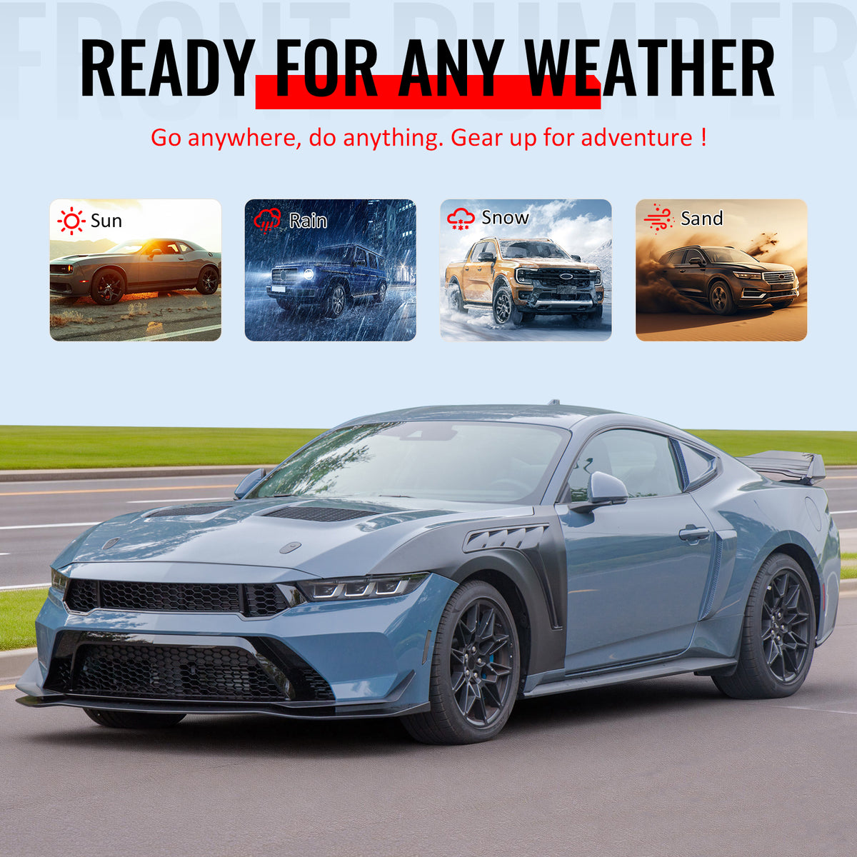 Fits 24-26 Ford Mustang Front Bumper Cover GTD Style Conversion Gloss Black Lip