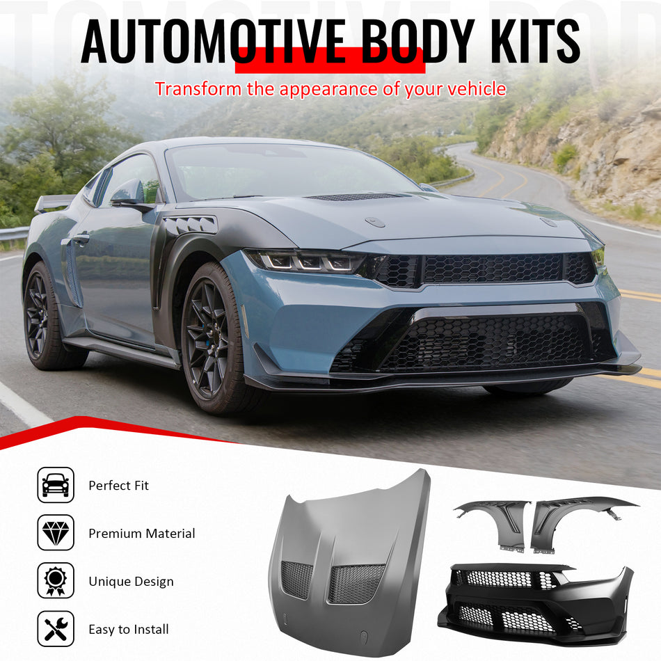 IKON MOTORSPORTS Front Bumper Cover + Hood + Front Fender, Compatible with 2024-2026 Ford Mustang Dark Horse/EcoBoost/GT, GTD Style PP Replacement Bumper Conversion with Matte Black Lip and Canards