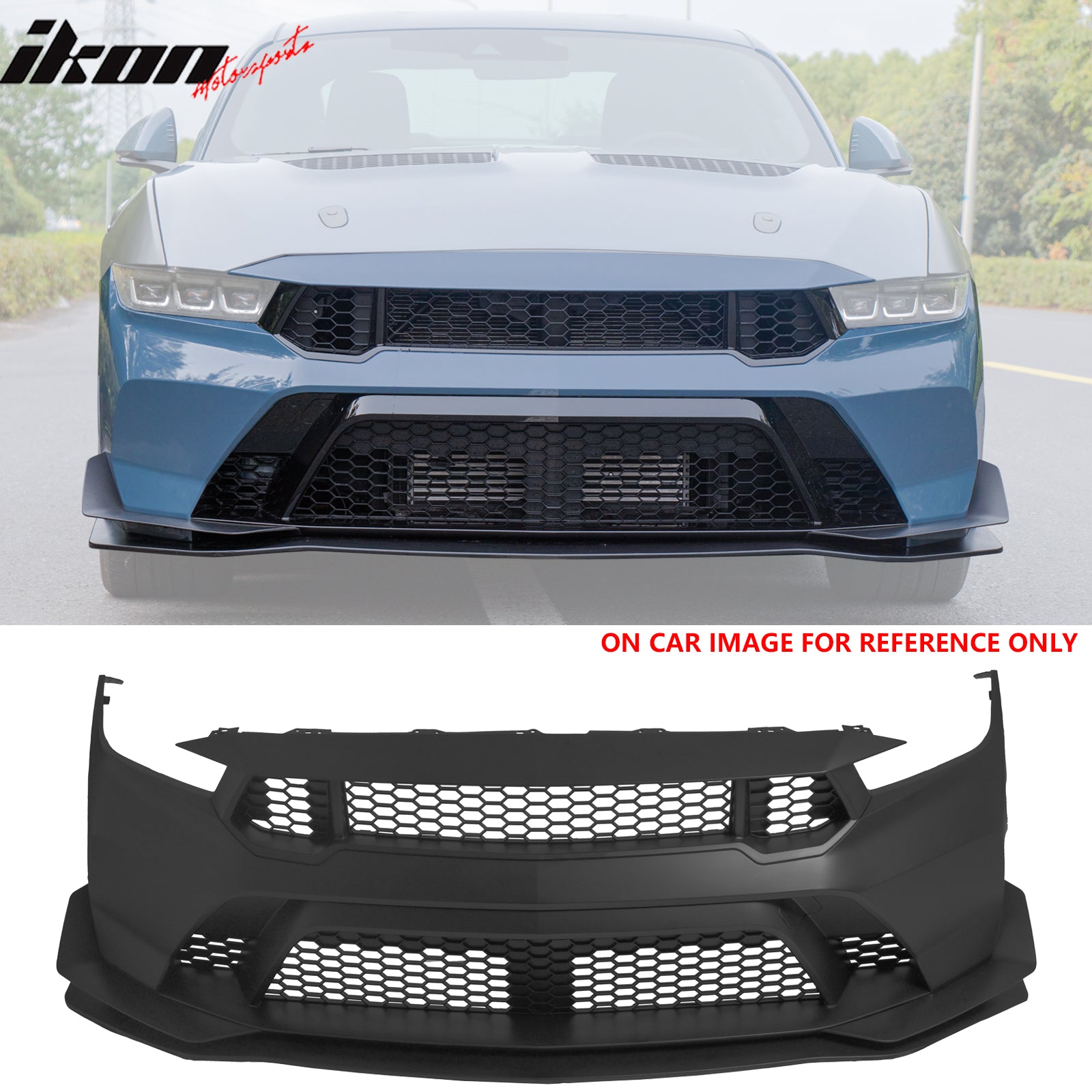 IKON MOTORSPORTS Front Bumper Cover + Hood + Front Fender, Compatible with 2024-2026 Ford Mustang Dark Horse/EcoBoost/GT, GTD Style PP Replacement Bumper Conversion with Matte Black Lip and Canards