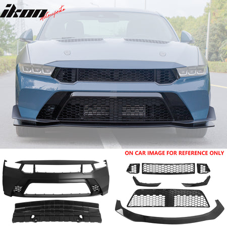 IKON MOTORSPORTS Front Bumper Cover + Hood + Front Fender, Compatible with 2024-2026 Ford Mustang Dark Horse/EcoBoost/GT, GTD Style PP Replacement Bumper Conversion with Gloss Black Lip and Canards