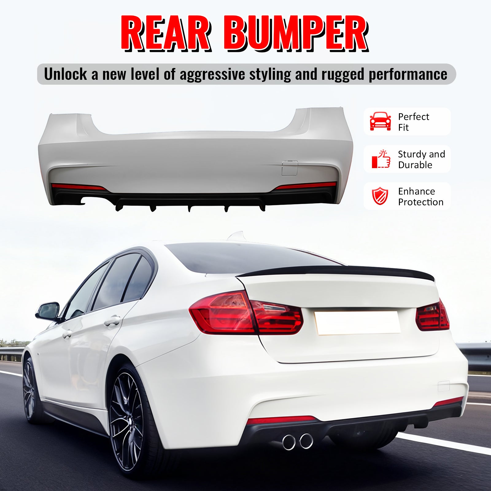 Fits 12-18 BMW F30 3-Series M Performance Style Rear Bumper Cover W/Diffuser PP