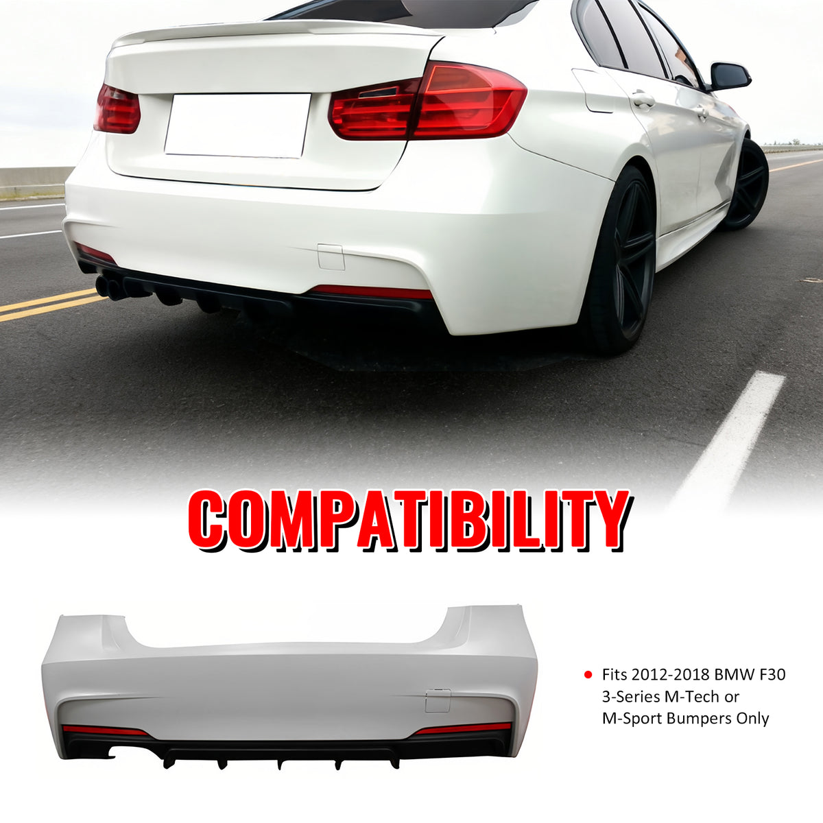Fits 12-18 BMW F30 3-Series M Performance Style Rear Bumper Cover W/Diffuser PP