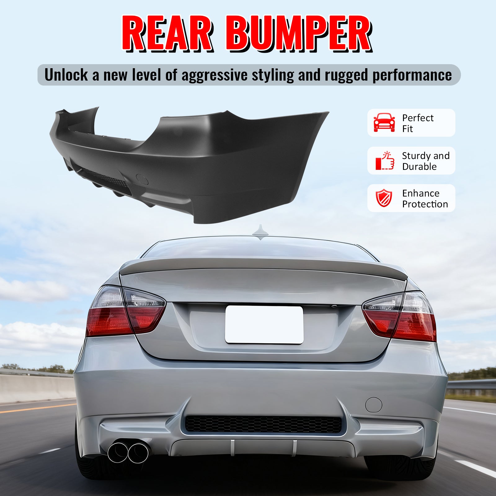 Fits 06-11 BMW E90 3-Series 325i 330i M3 Style Rear Bumper Cover Replacement PP