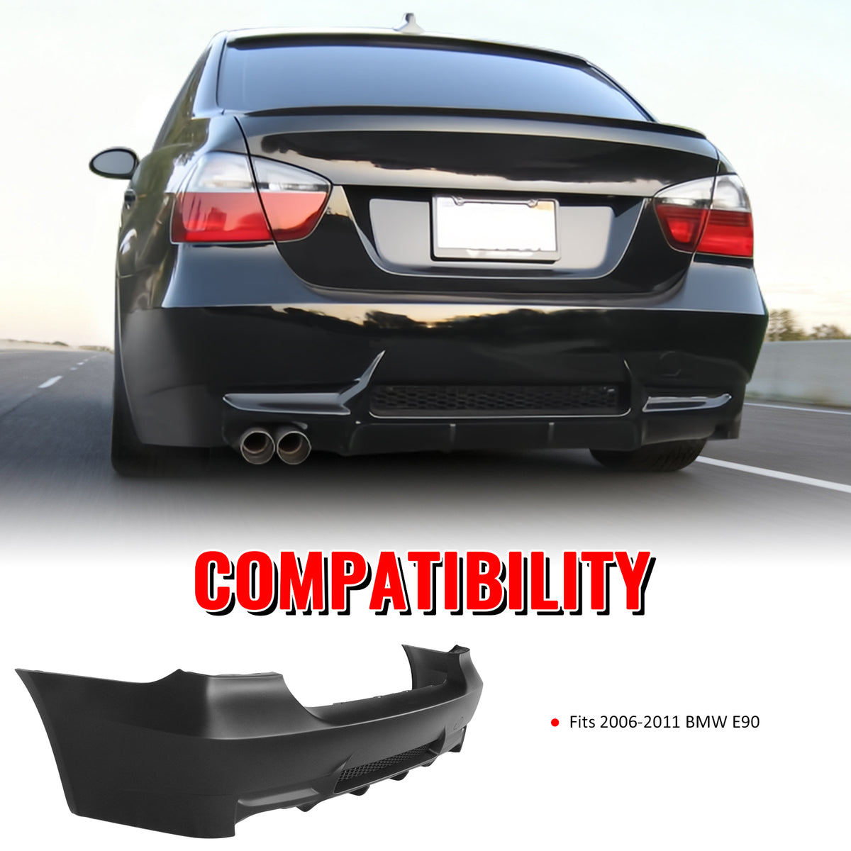 Fits 06-11 BMW E90 3-Series 325i 330i M3 Style Rear Bumper Cover Replacement PP