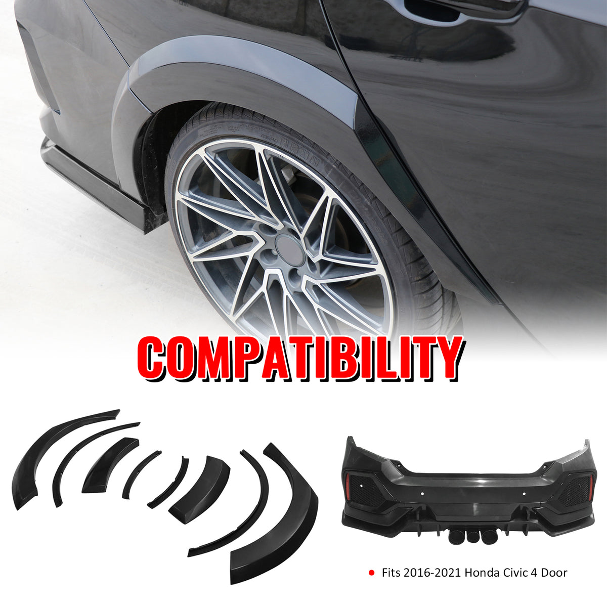 Fits 16-21 Honda Civic Sedan TR Style Rear Bumper Cover W/8PCS Fender Flares PP