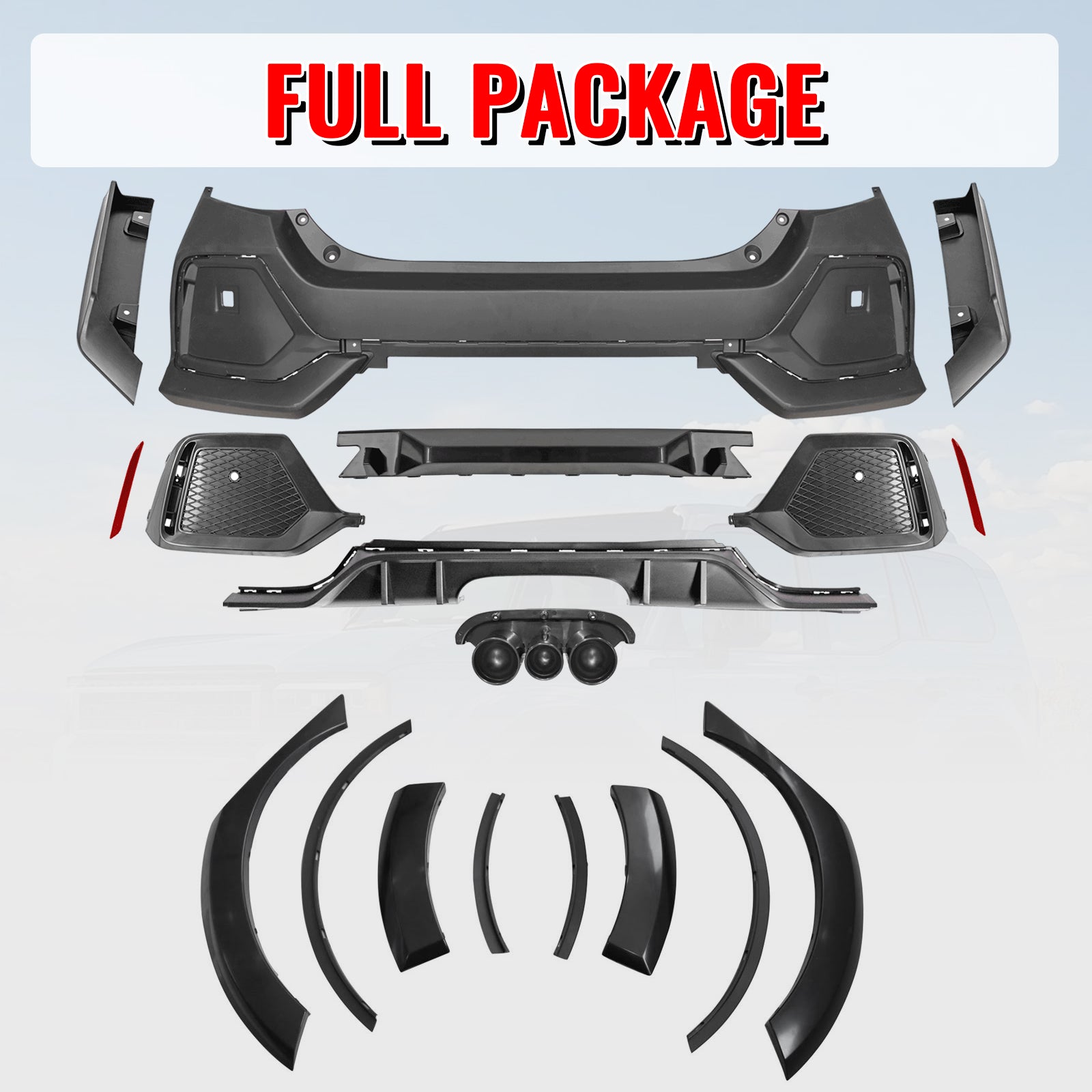 Fits 16-21 Honda Civic Sedan TR Style Rear Bumper Cover W/8PCS Fender Flares PP