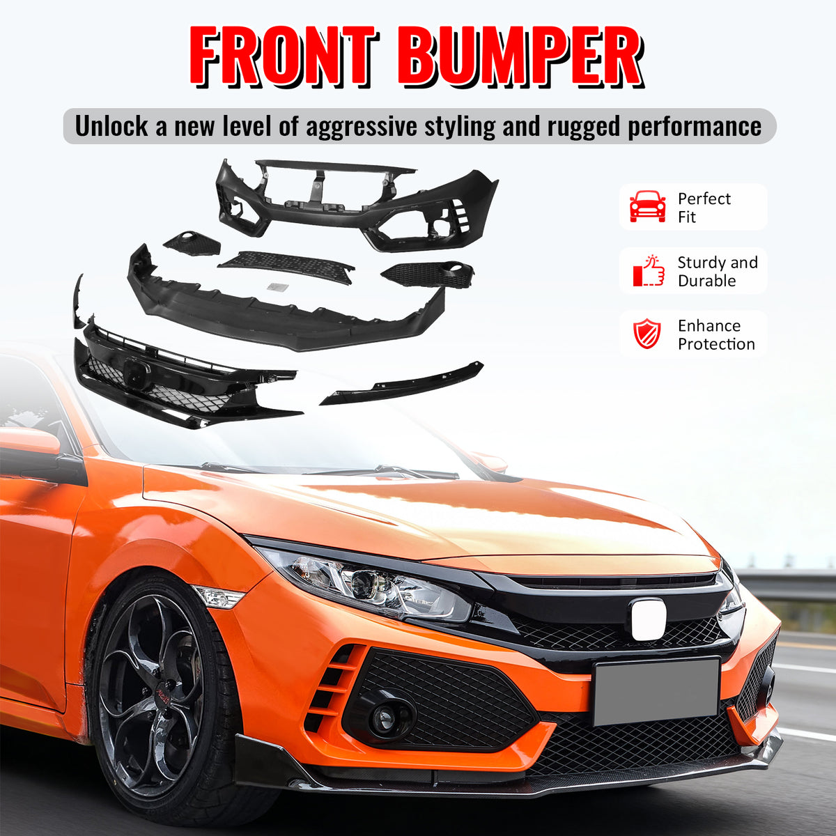 Fits 16-21 Honda Civic Sedan TR Style Front & Rear Bumper Cover W/Grille&Lip PP