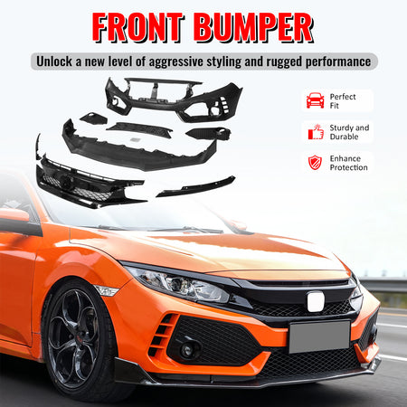 Fits 16-21 Honda Civic Sedan TR Style Front & Rear Bumper Cover W/Grille&Lip PP