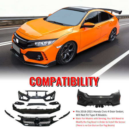 Fits 16-21 Honda Civic Sedan TR Style Front & Rear Bumper Cover W/Grille&Lip PP