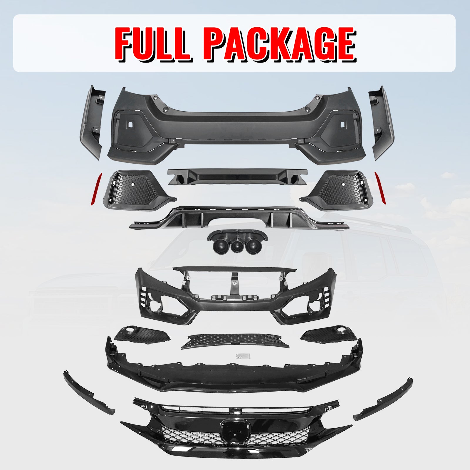 Fits 16-21 Honda Civic Sedan TR Style Front & Rear Bumper Cover W/Grille&Lip PP