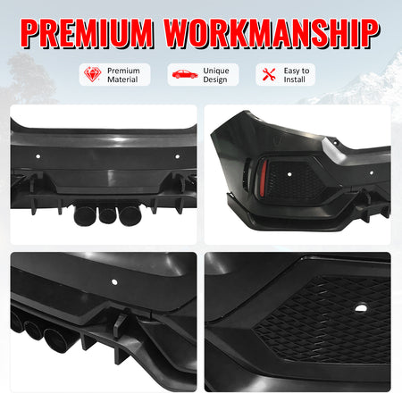 Fits 16-21 Honda Civic Sedan TR Style Front & Rear Bumper Cover W/Grille&Lip PP