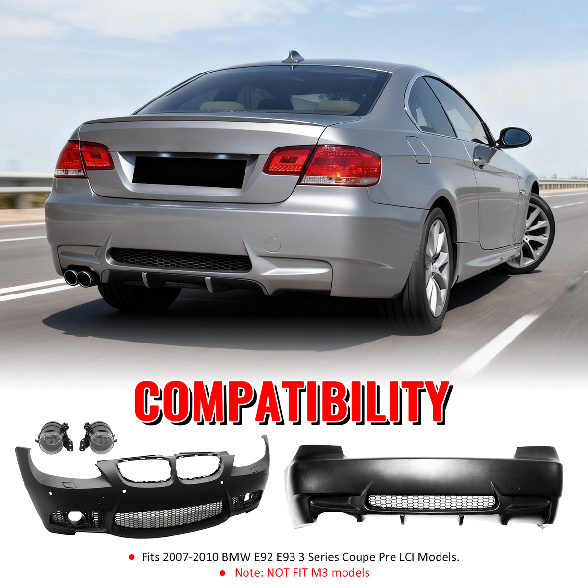 Fits 07-10 BMW E92 E93 3 Series M3 Style Fog Lamps Front & Rear Bumper Cover PP