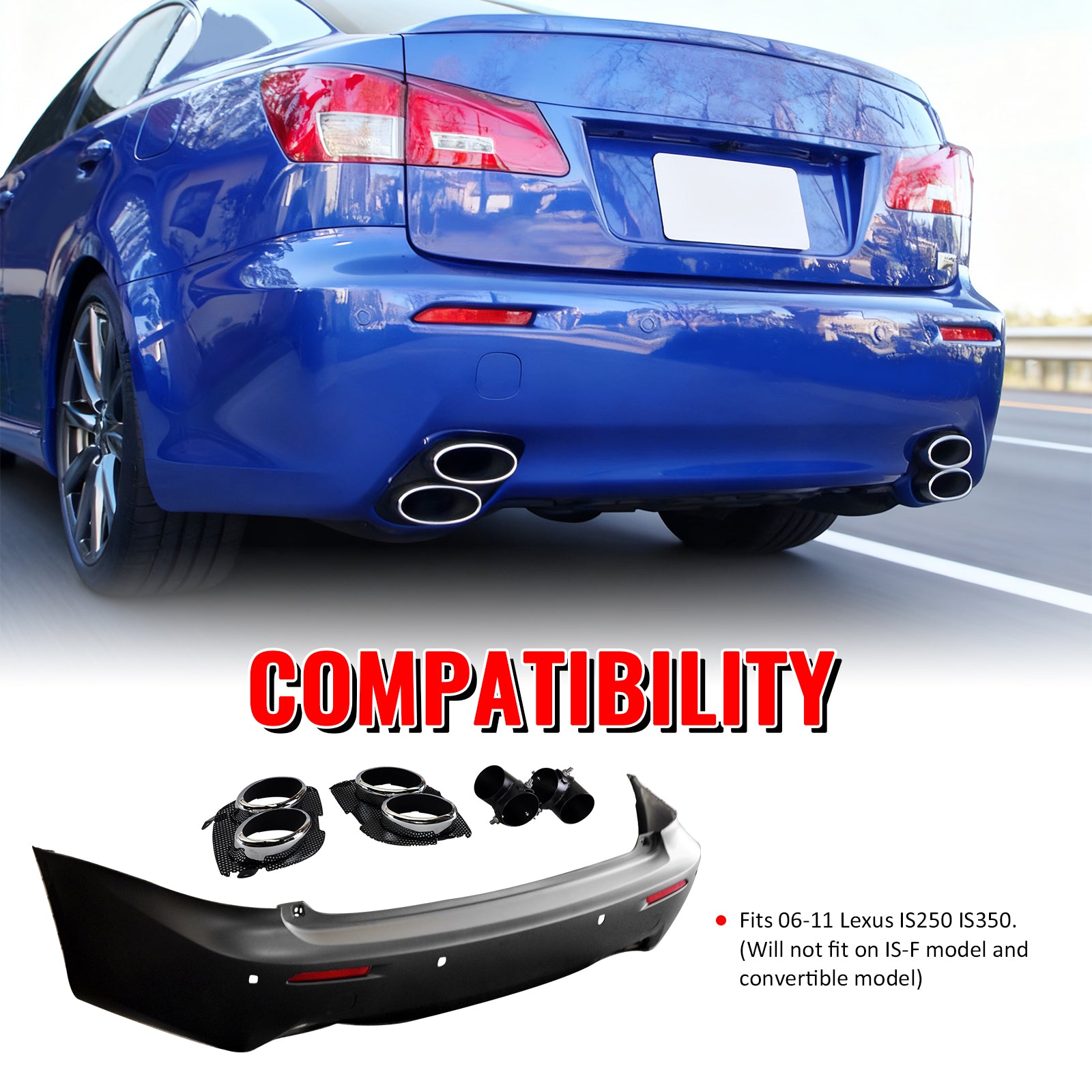 Fits 06-13 Lexus IS250 IS350 IS F Style Rear Bumper Cover W/Muffler Tip & Bezel