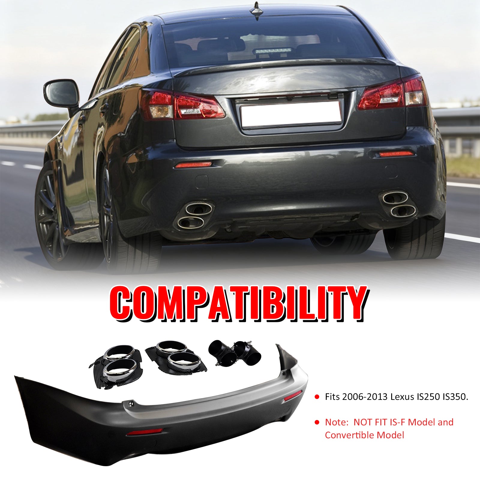 Fits 06-13 Lexus IS250 IS350 IS F Style Rear Bumper Cover W/O PDC W/Muffler Tip