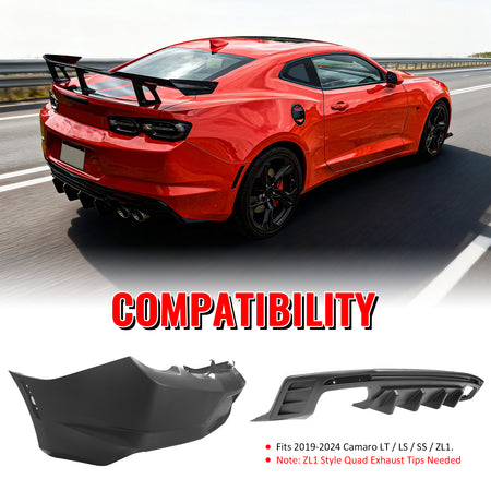 Fits 19-24 Chevy Camaro LT/LS/SS/ZL1 OE Rear Bumper Cover + IKON Matte Diffuser