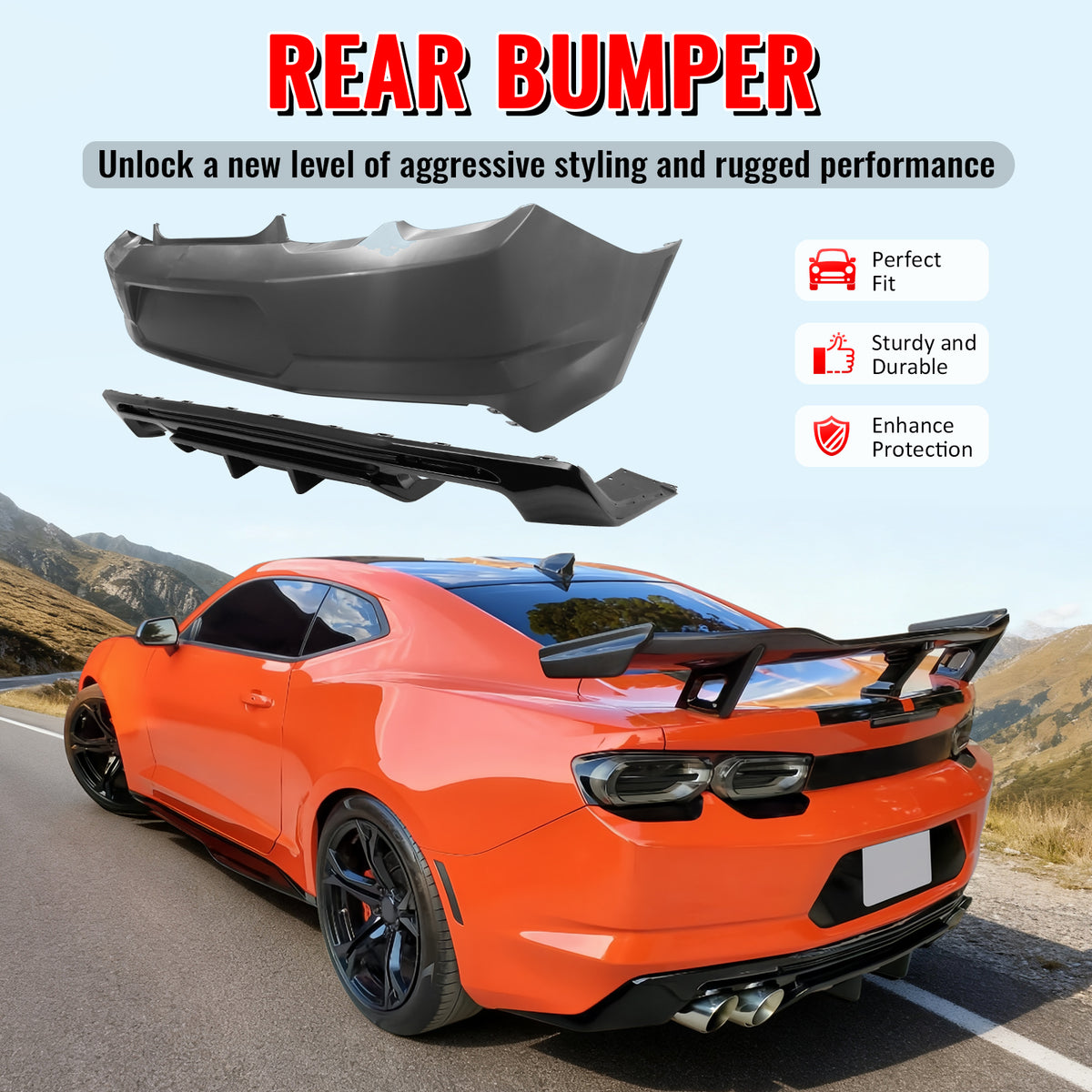 Fits 19-24 Chevy Camaro LT/LS/SS/ZL1 OE Style Rear Bumper Cover & Gloss Diffuser