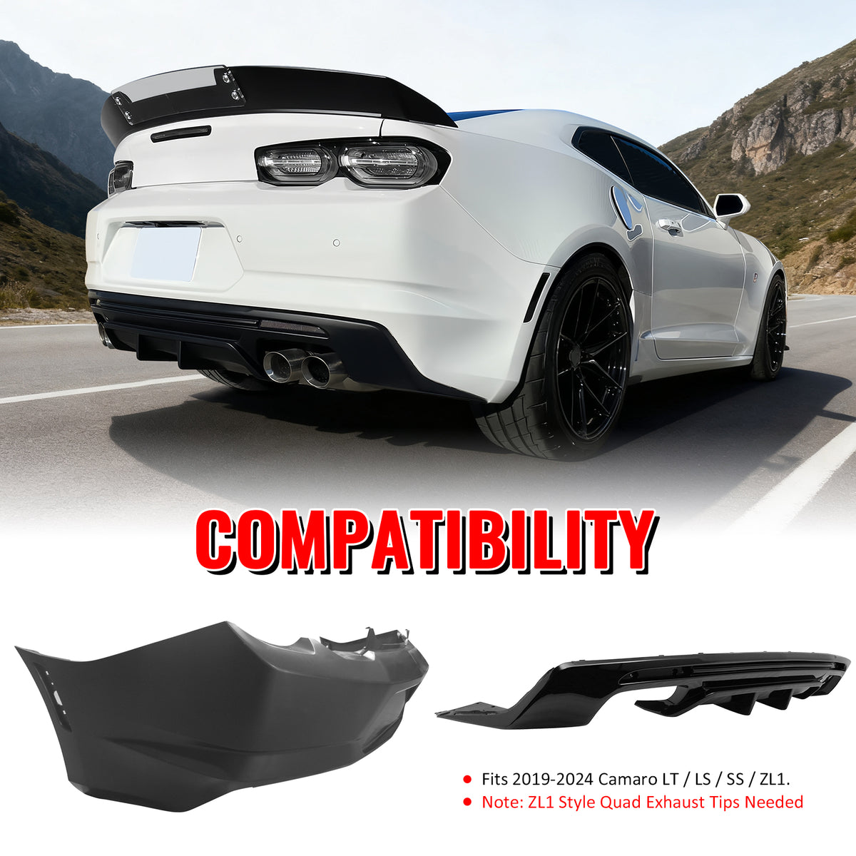Fits 19-24 Chevy Camaro LT/LS/SS/ZL1 OE Style Rear Bumper Cover & Gloss Diffuser