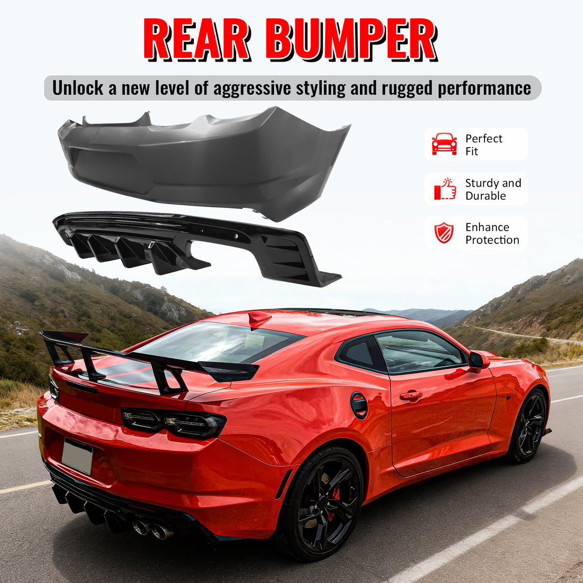 Fits 19-24 Chevy Camaro LT/LS/SS/ZL1 OE Rear Bumper Cover + IKON Gloss Diffuser