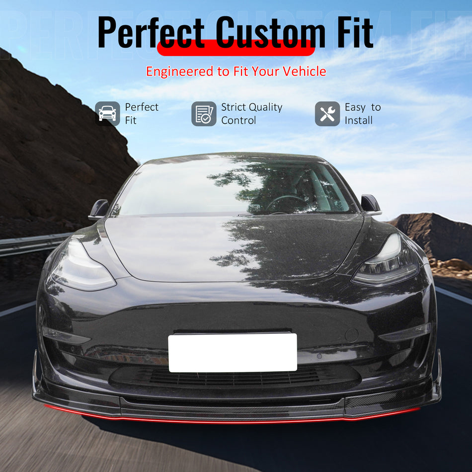 IKON MOTORSPORTS Front Bumper Lip & Winglets, Compatible with 2017-2023 Tesla Model 3, IKON V4 Style Carbon Fiber ABS Air Dam Chin Spoiler Protector Splitter 5PCS