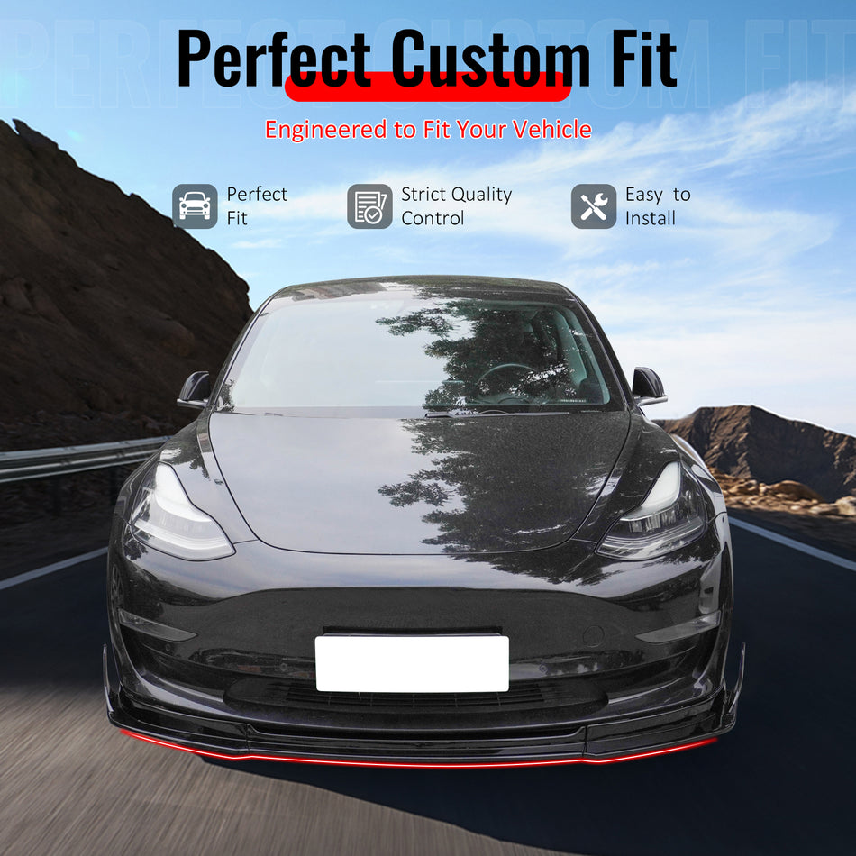 IKON MOTORSPORTS Front Bumper Lip & Winglets, Compatible with 2017-2023 Tesla Model 3, IKON V4 Style Gloss Black ABS Air Dam Chin Spoiler Protector Splitter 5PCS