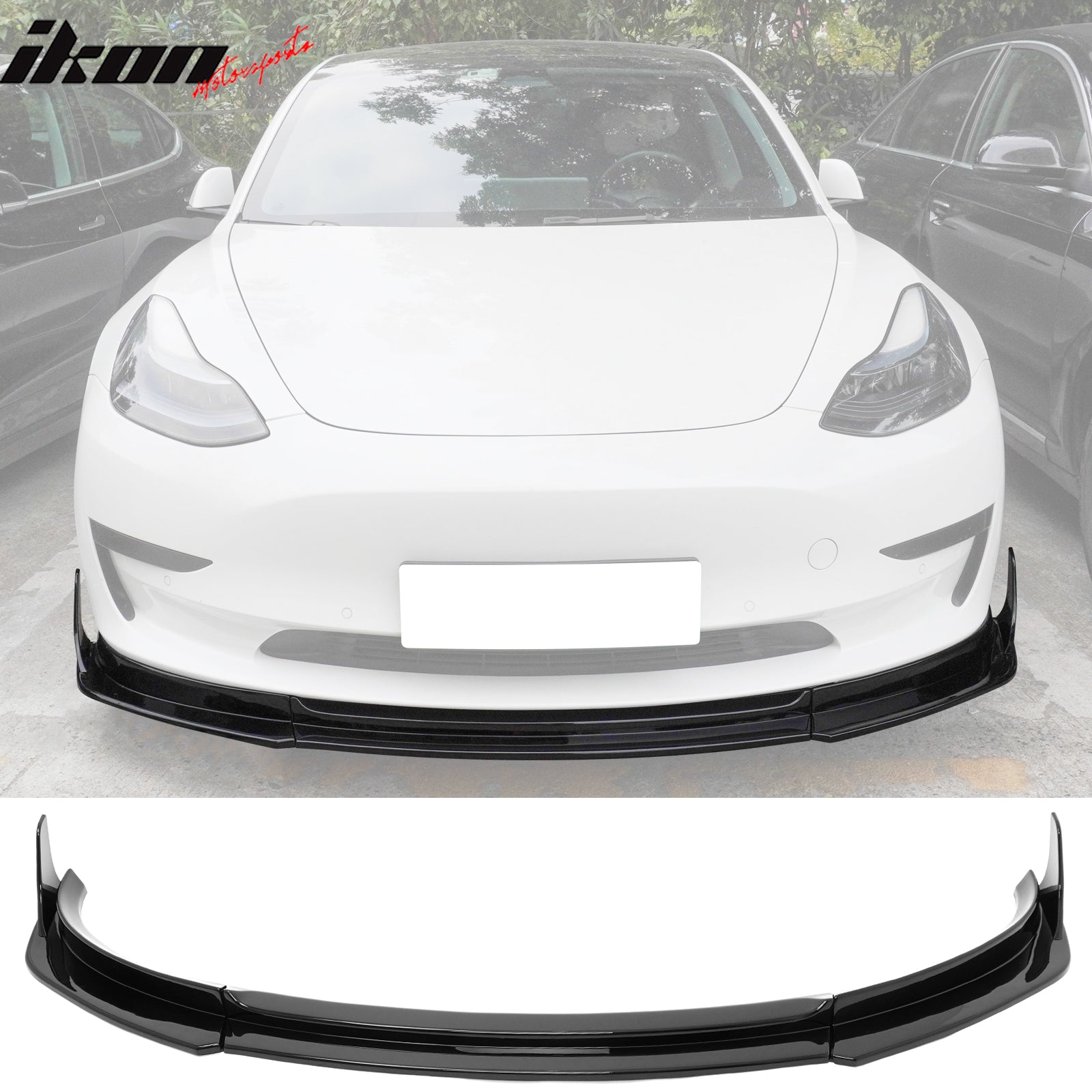 Fits 17-23 Tesla Model 3 IKON V4 3PCS Front Lip w/ V1 Style Winglets ABS