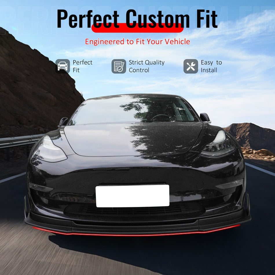 IKON MOTORSPORTS Front Bumper Lip & Winglets, Compatible with 2017-2023 Tesla Model 3, IKON V4 Style Matte Black ABS Air Dam Chin Spoiler Protector Splitter 5PCS