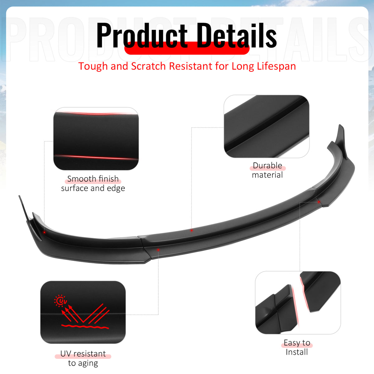 Fits 17-23 Tesla Model 3 IKON V4 3PCS Front Lip w/ V1 Style Winglets ABS